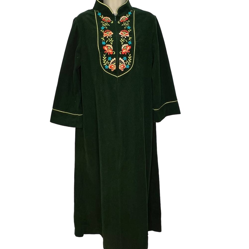 Vintage Sears At Home Wear 1/2 Zip Robe Fleece Green Size M Floral Embroidered